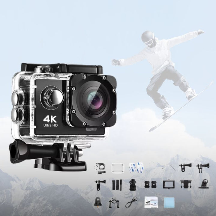 Compact 4K Ultra HD action camera, waterproof & WiFi for capturing dynamic moments.