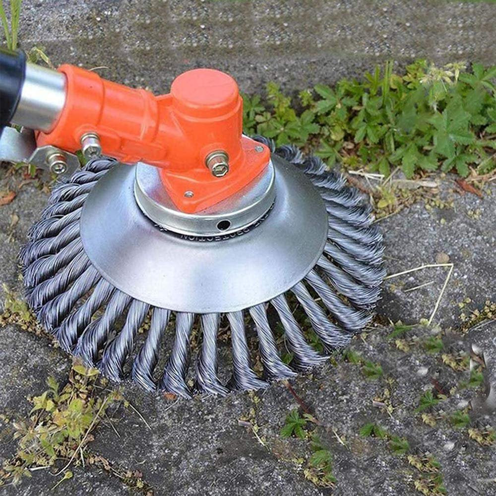 Universal brush cutter head for gas trimmers. Durable garden tool for heavy-duty lawn care & landscaping.