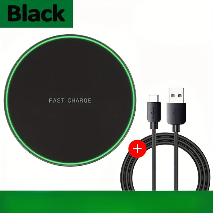 Fast wireless charging pad for iPhone & Android; convenient tech accessory.