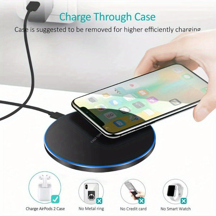 Sleek universal fast wireless charger, perfect desk accessory for iPhone & Android.