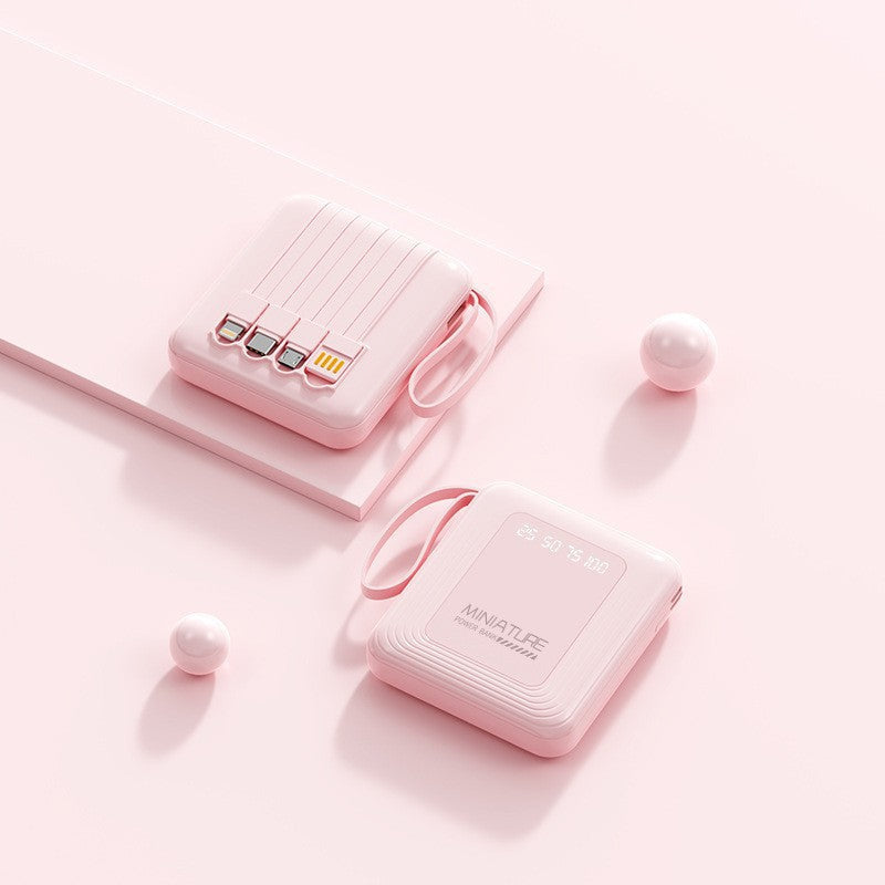 Essential portable power bank with built-in universal cable, offering fast charging for various mobile devices.