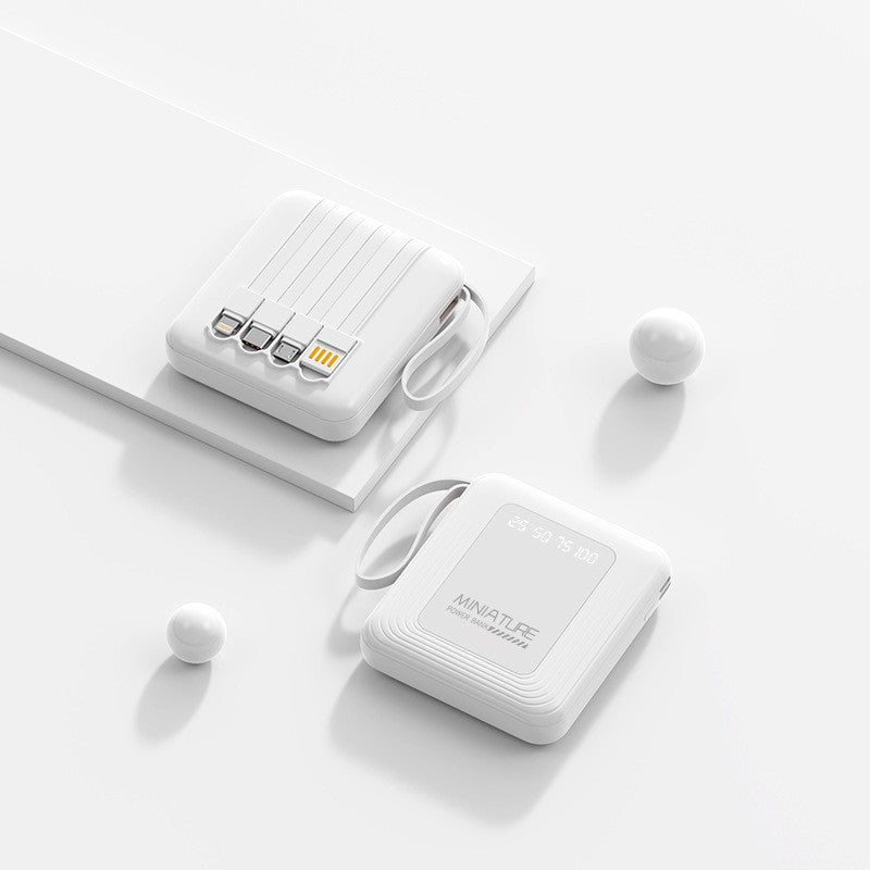 Sleek mini phone charger, a compact and portable power solution with integrated cable for easy travel.