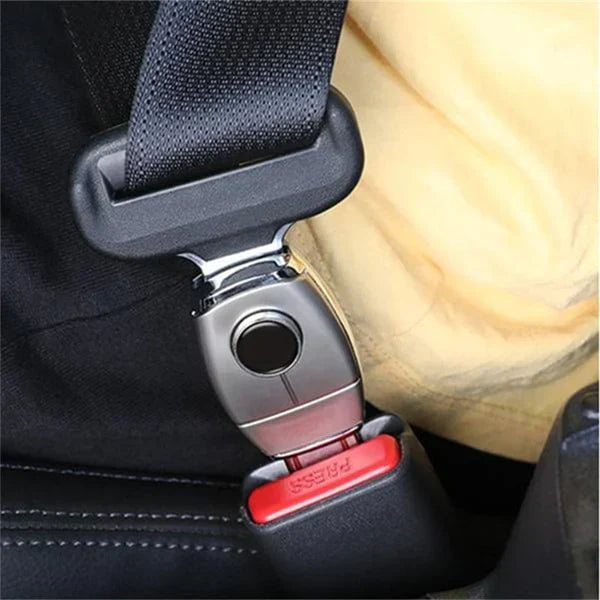Close-up of a premium rigid metal seat belt extender, showing sturdy construction for vehicle safety.