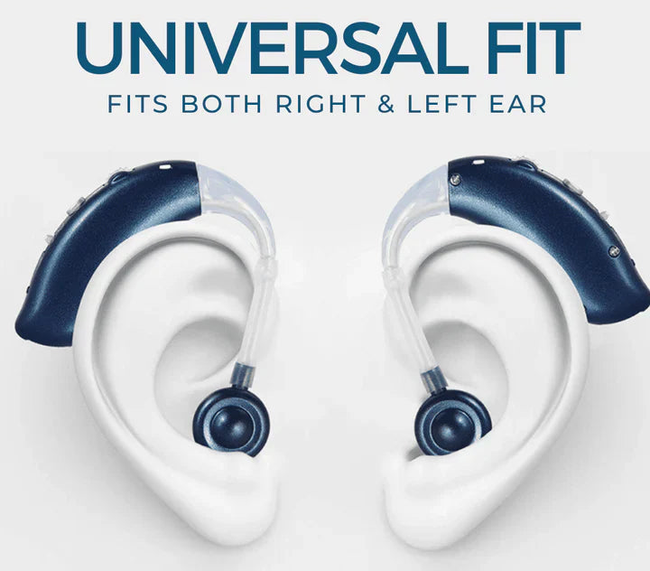 Compact universal hearing aid, rechargeable for convenience. Provides enhanced, clear sound quality.