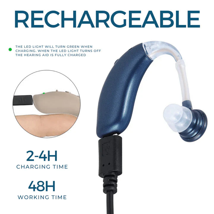 Modern rechargeable hearing aid for clear sound, designed for a comfortable, universal fit.