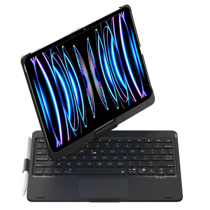 Multi-device tablet keyboard case with adjustable backlit keys & responsive trackpad.
