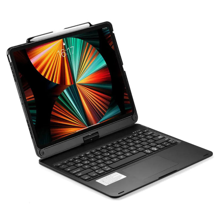 Universal keyboard case with dynamic backlit keys & smooth trackpad for tablet users.