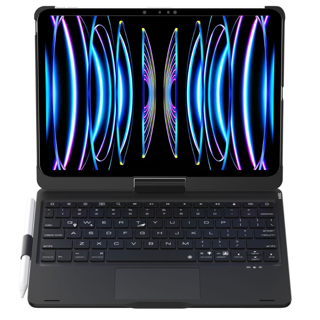 Tech gadget: Universal tablet keyboard case with dynamic backlit keys & built-in trackpad.