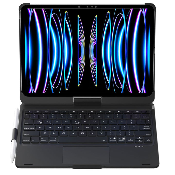 Tech gadget: Universal tablet keyboard case with dynamic backlit keys & built-in trackpad.