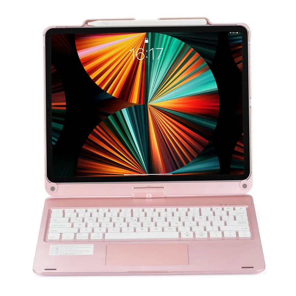 Streamlined universal tablet keyboard case with backlit keys & integrated trackpad.