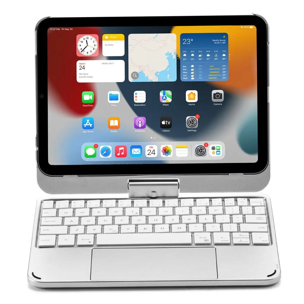Universal tablet cover with backlit keyboard & trackpad, enhancing typing & navigation.