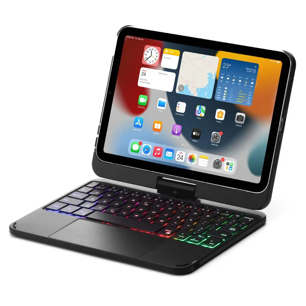 Universal productivity keyboard case with backlit keys, trackpad, for various tablets.