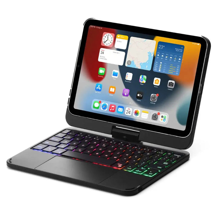Universal productivity keyboard case with backlit keys, trackpad, for various tablets.