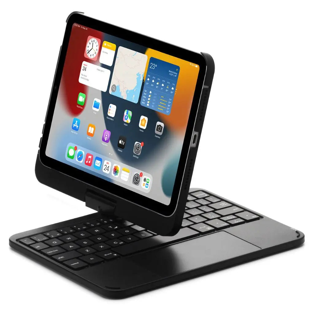 Multi-functional universal tablet keyboard case with vibrant backlit keys & trackpad.