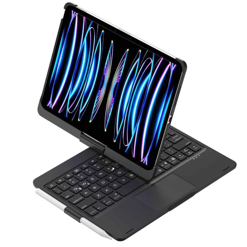 Protective tablet case with backlit keyboard, integrated trackpad, & USB-C charging port.