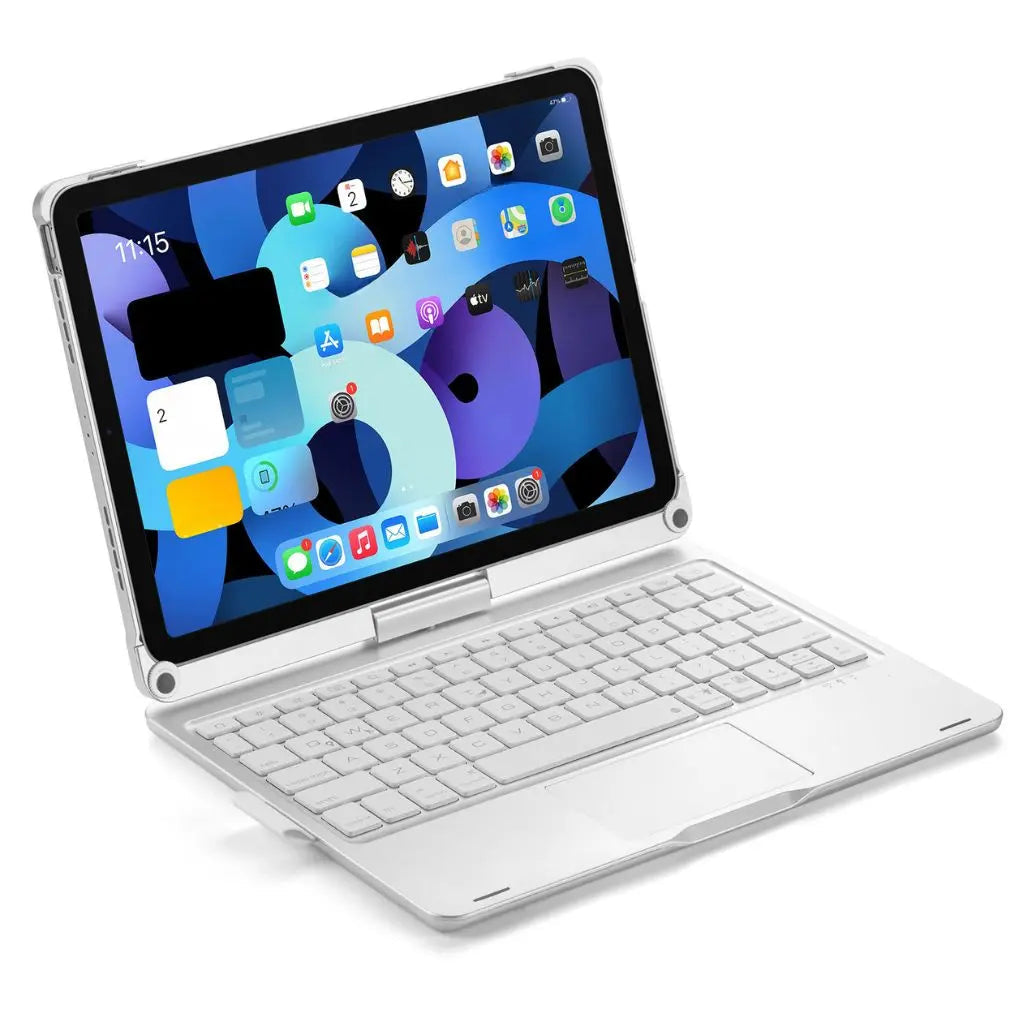 Universal productivity keyboard case, backlit keys, trackpad, enhancing tablet experience.