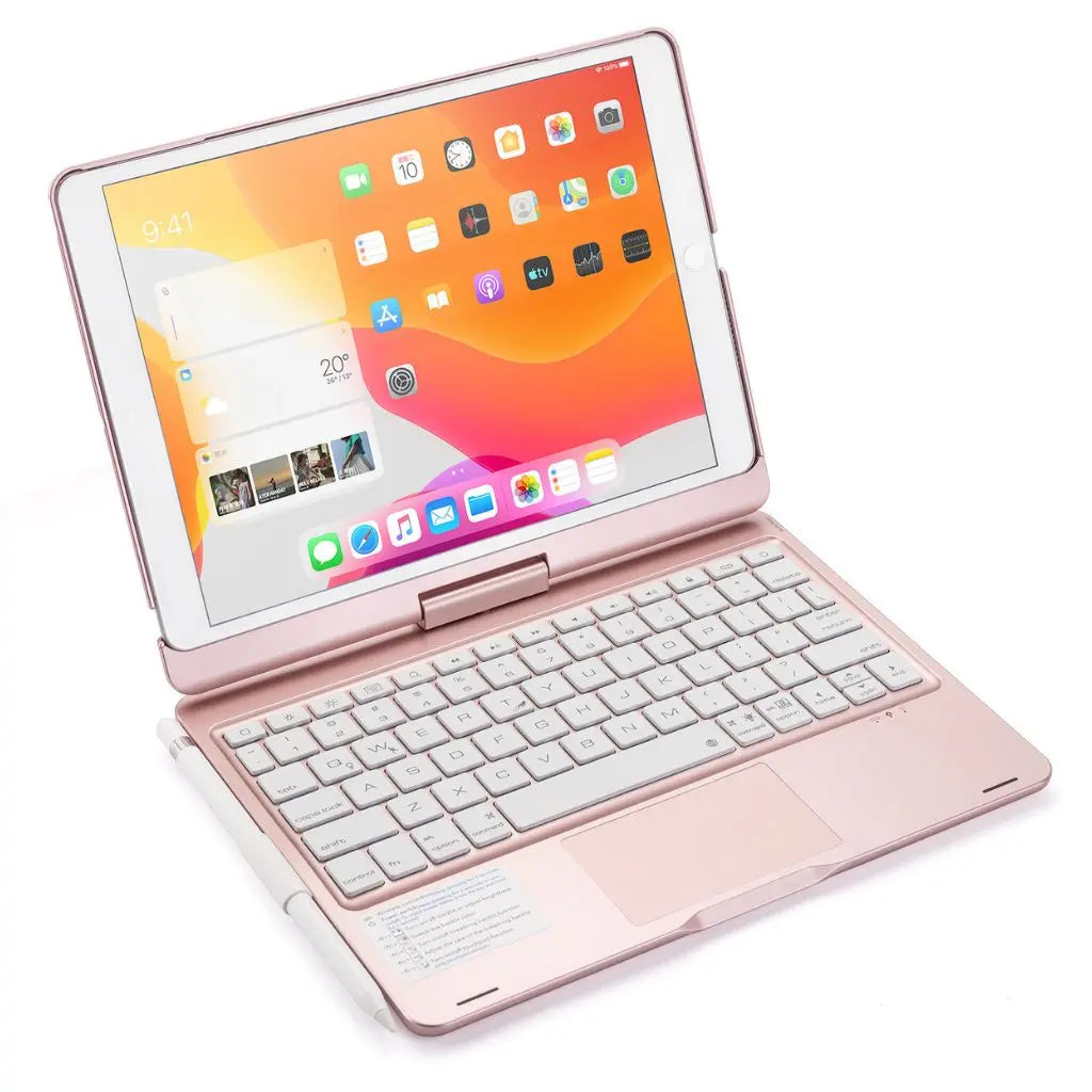 Universal portable keyboard case with backlit keys & a responsive trackpad for tablets.
