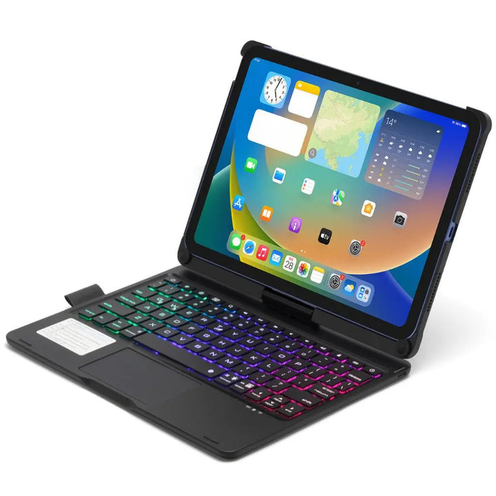 Universal keyboard case for tablets, a tech gadget with backlit keys & trackpad.