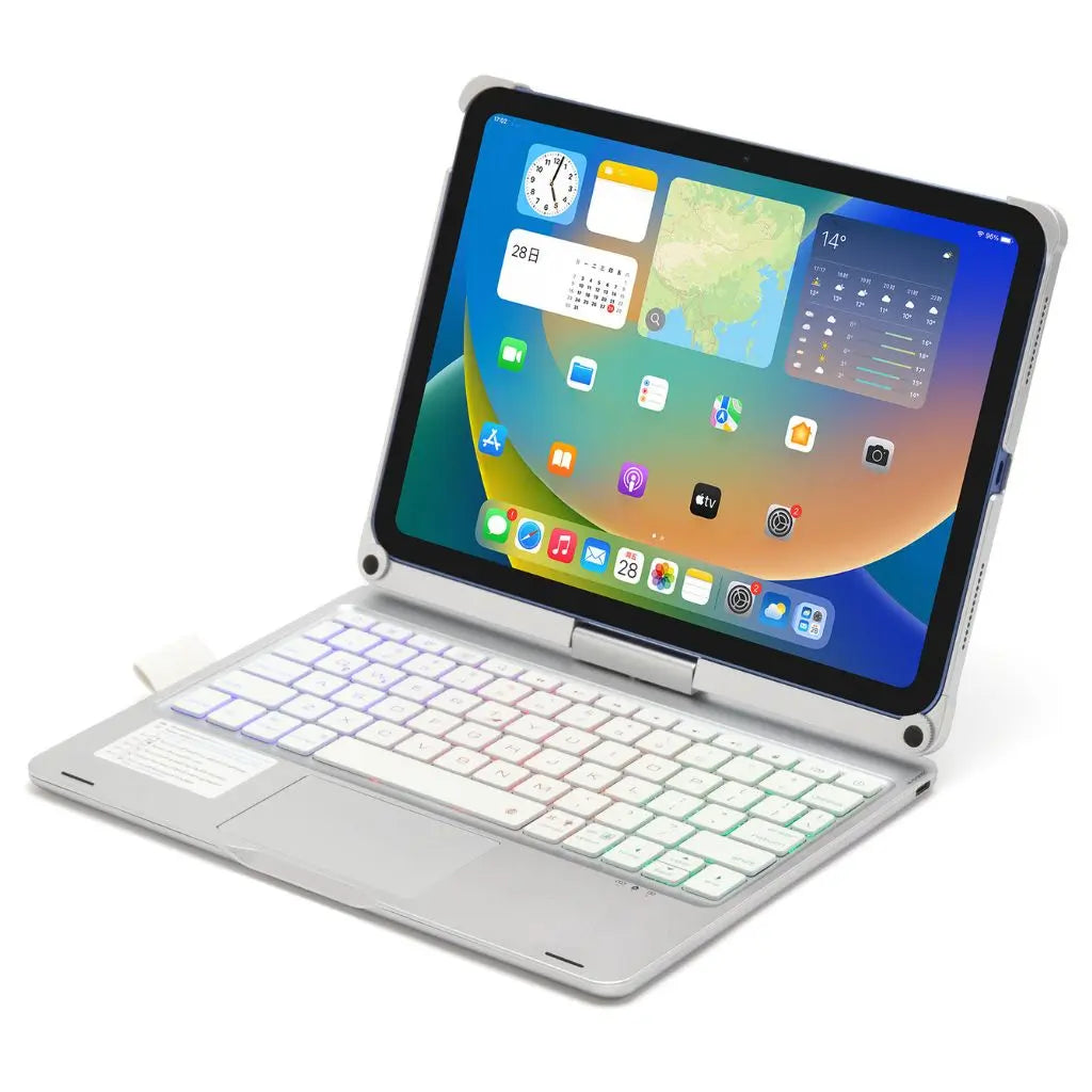 Universal protective keyboard case with backlit keys & a functional trackpad for tablets.