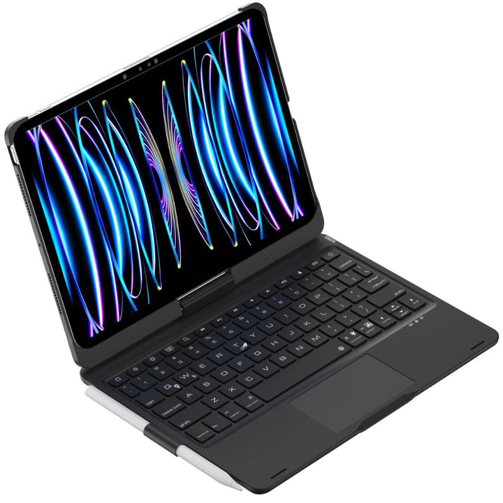 Durable tablet keyboard case with backlit keys, trackpad, and strong tablet protection.