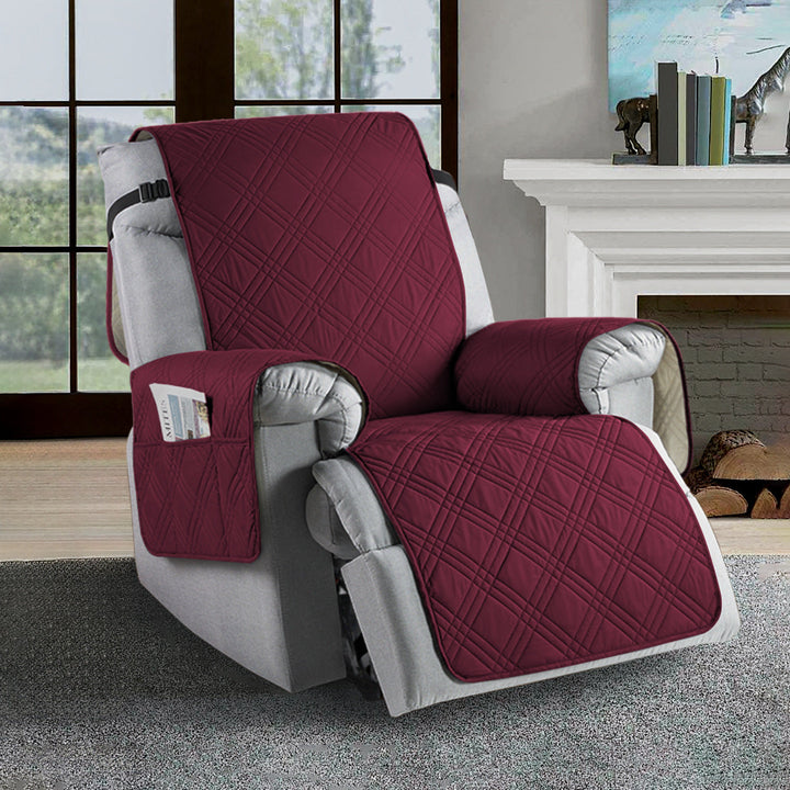 Universal waterproof recliner slipcover protecting a beige recliner, perfect for pet-friendly living rooms.