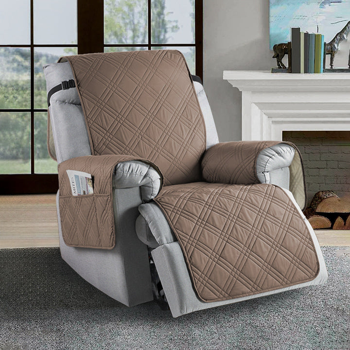 Washable waterproof recliner protector for a brown recliner, ensuring easy clean-up from spills and stains.