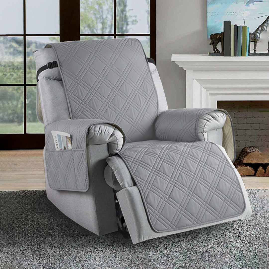 Full view of a recliner with a neatly fitted waterproof slipcover, offering ultimate furniture protection.