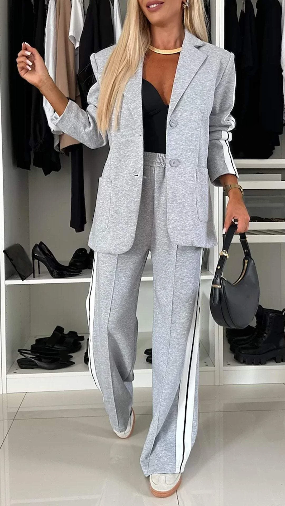 Urban Luxe women's sporty chic two-piece suit set with oversized blazer.