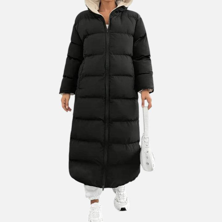 Valmonti elegant long women's puffer coat with hood, perfect winter warm jacket.