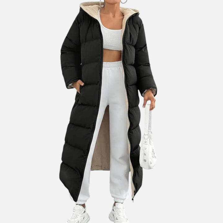 Stylish women's hooded puffer coat by Valmonti, ideal for elegant winter outerwear.