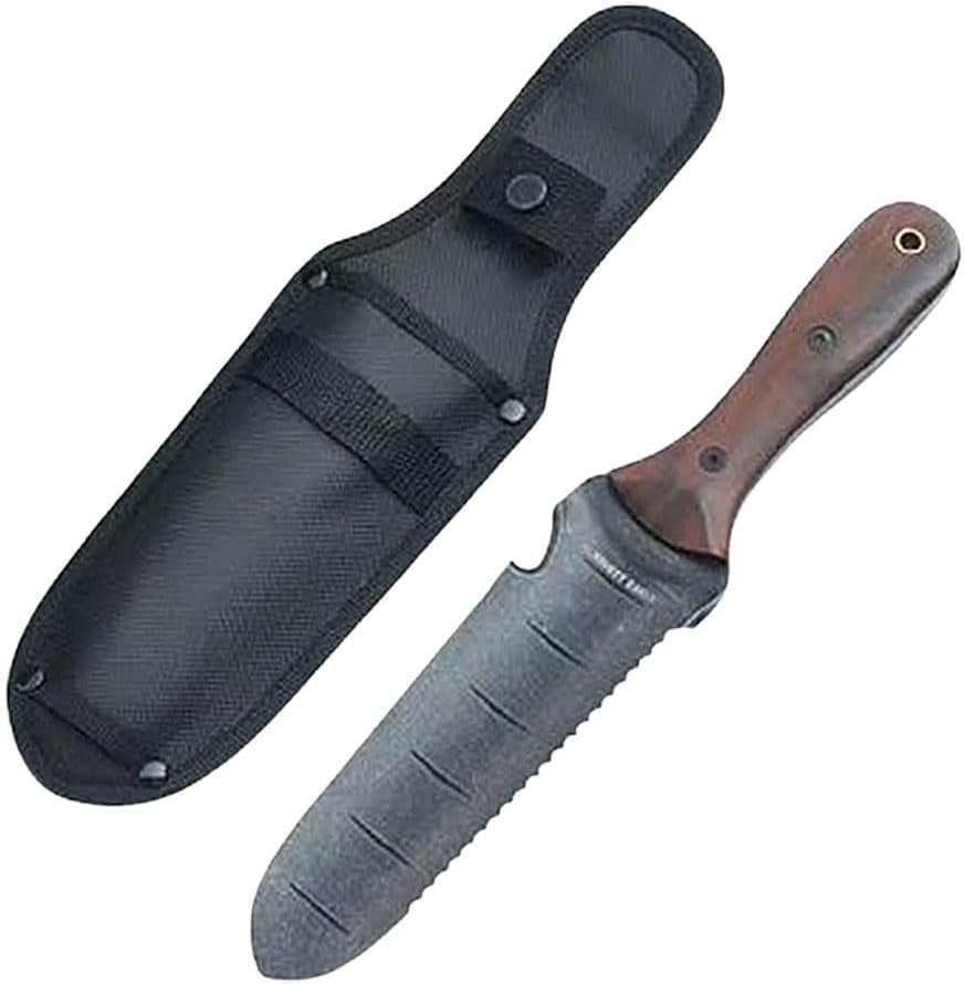 Versatile Hori Hori garden knife with stainless steel blade & walnut handle for weeding, planting, digging.