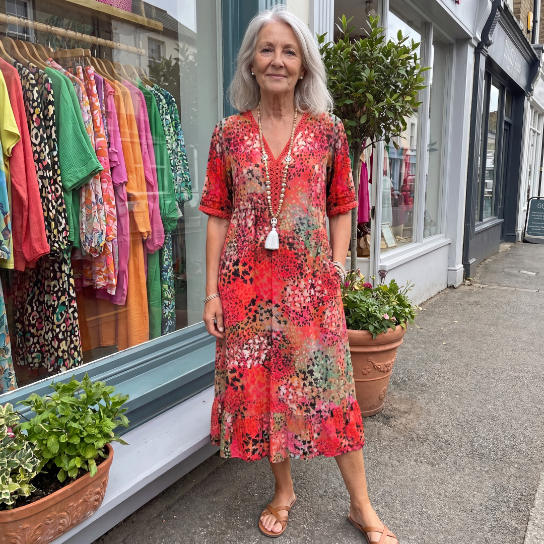 Vibrant A-line midi dress for women, elegant style. Perfect for summer & day to night wear.