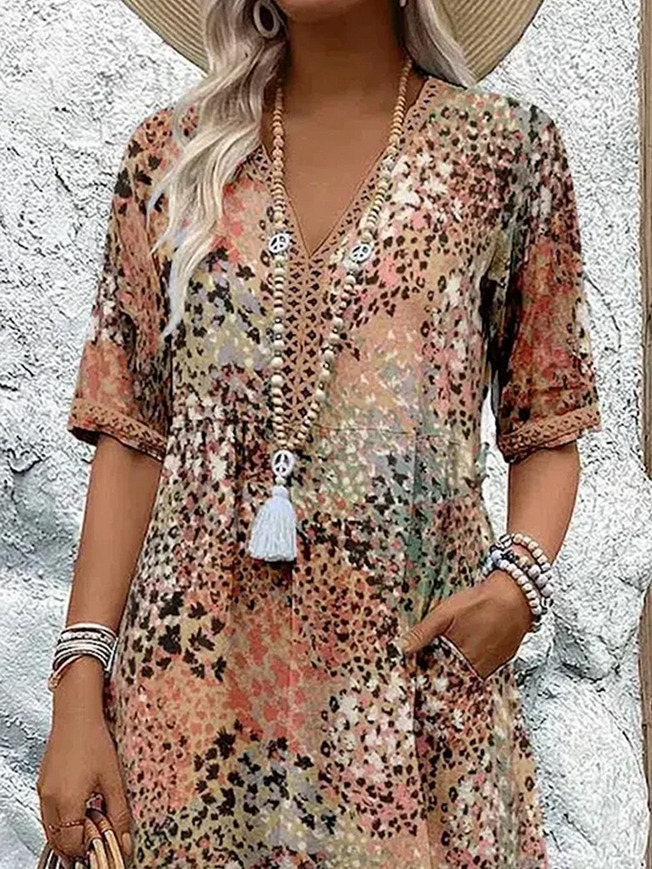 Versatile flowy midi dress for women, vibrant pattern. Elegant day to night style, tummy control.