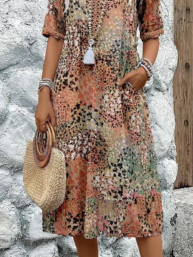 Elegant vibrant midi dress for women. Flattering A-line style, perfect for occasions & summer. Tummy coverage.