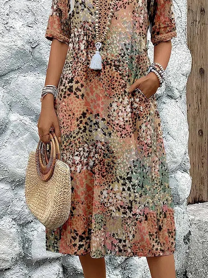 Elegant vibrant midi dress for women. Flattering A-line style, perfect for occasions & summer. Tummy coverage.