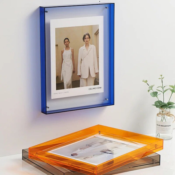 Vibrant acrylic display frame in bright blue for modern home decor