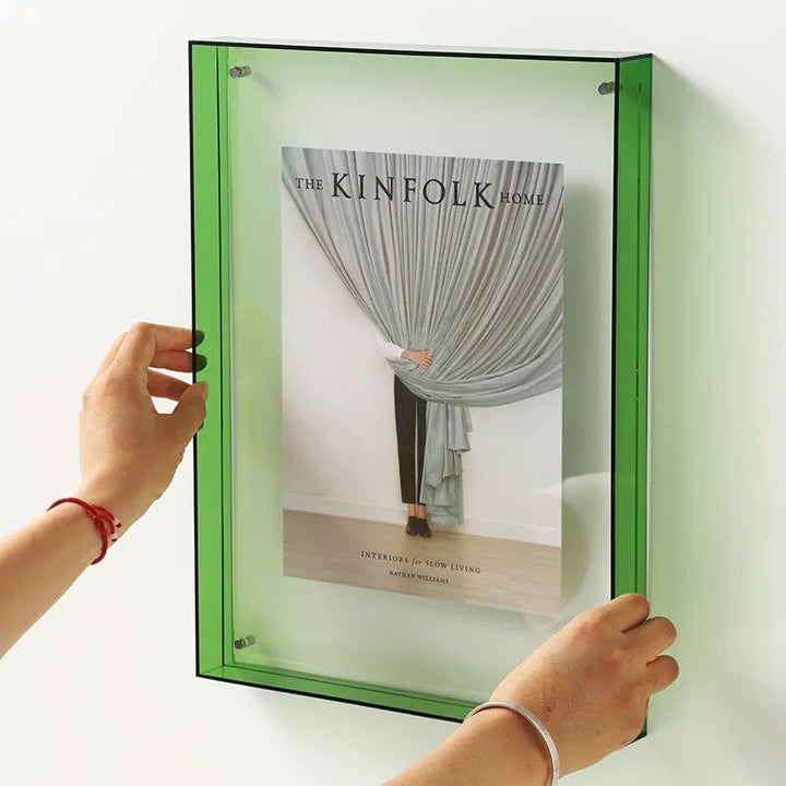 Modern photo display frame, sleek design with vibrant yellow accents