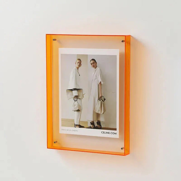 Modern photo display, minimalist design with a striking lime green frame