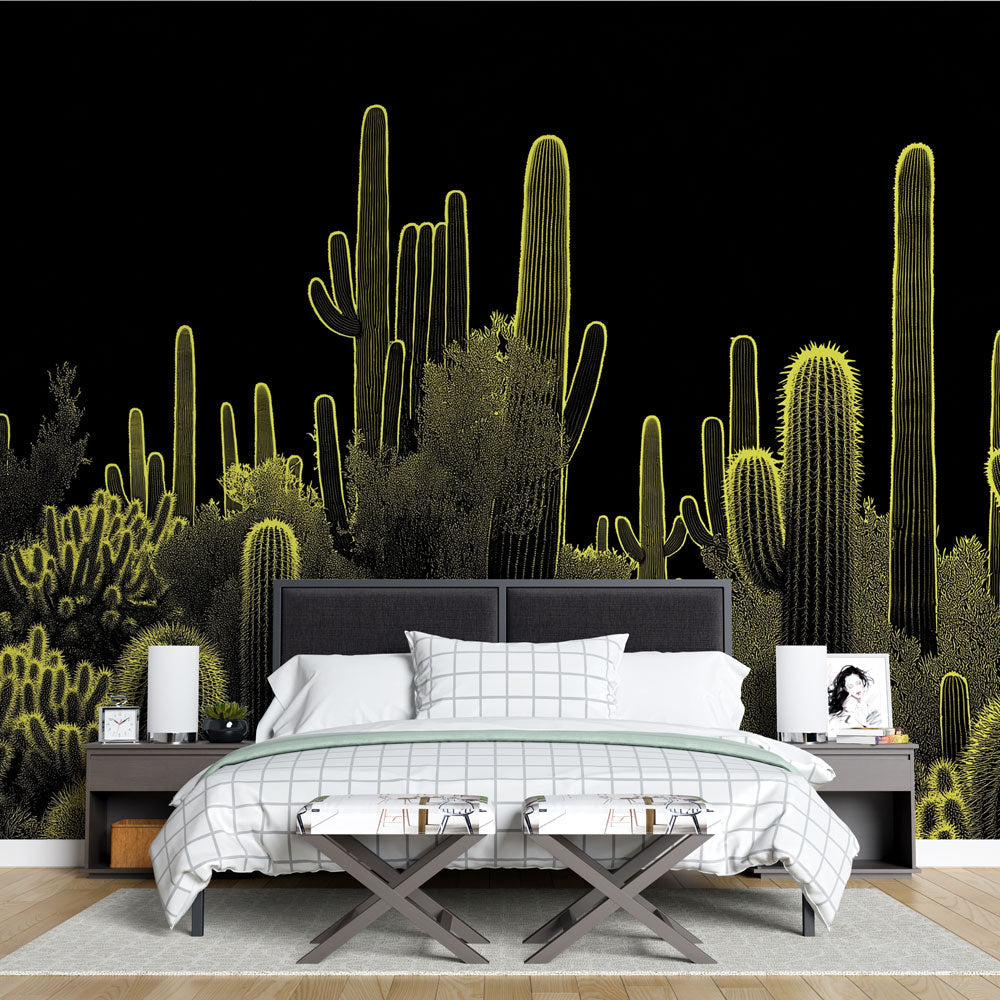 Vibrant desert cactus night wall mural, black & yellow glowing succulent art, peel & stick decor.