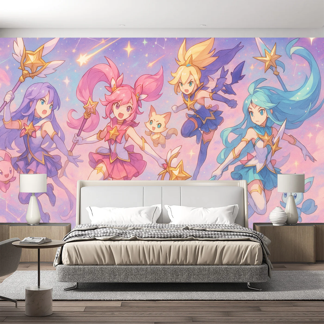 Vibrant fantasy anime wallpaper mural for gaming rooms, featuring magical cosmic art, stars, and a dreamy aesthetic.