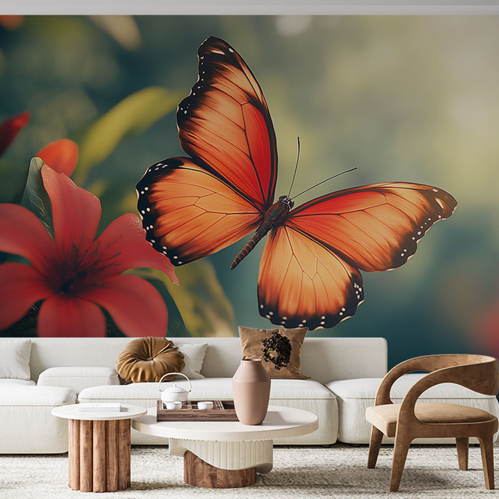 Vibrant floral butterfly wall mural with orange tropical flowers, peel and stick nature art home decor.
