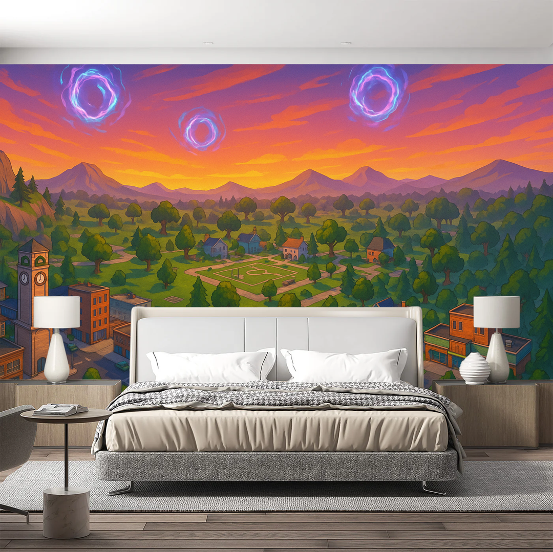 Vibrant gamer fantasy world wall mural. Immersive digital art landscape, perfect peel & stick wallpaper for teen gaming room decor.