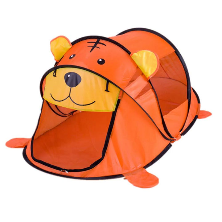 Vibrant kids pop-up play tent shaped like a friendly tiger, perfect for indoor and outdoor fun.