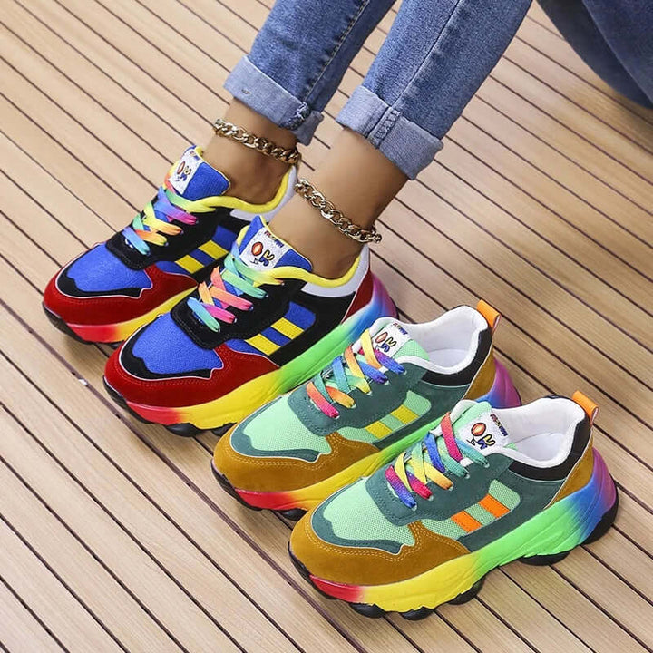 Trendy women's vibrant chunky trainers with platform soles, ideal for everyday casual comfort & style.