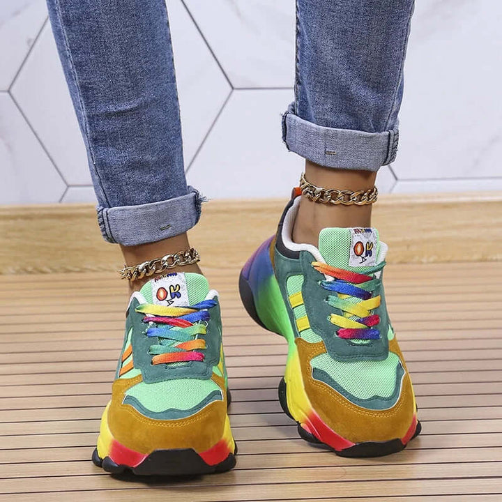 Fashionable women's colorful chunky trainers; comfy platform sneakers for versatile everyday and streetwear looks.