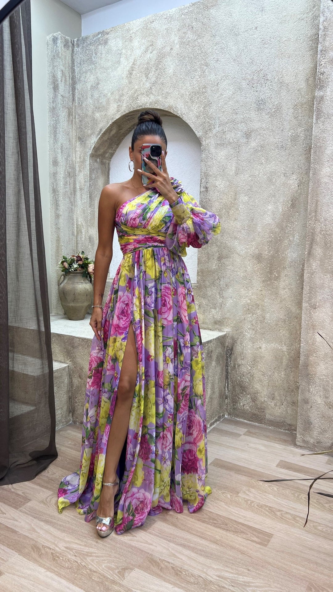 Elegant A-line women's one-shoulder floral maxi dress, ideal for formal events, parties, or stylish vacation wear.