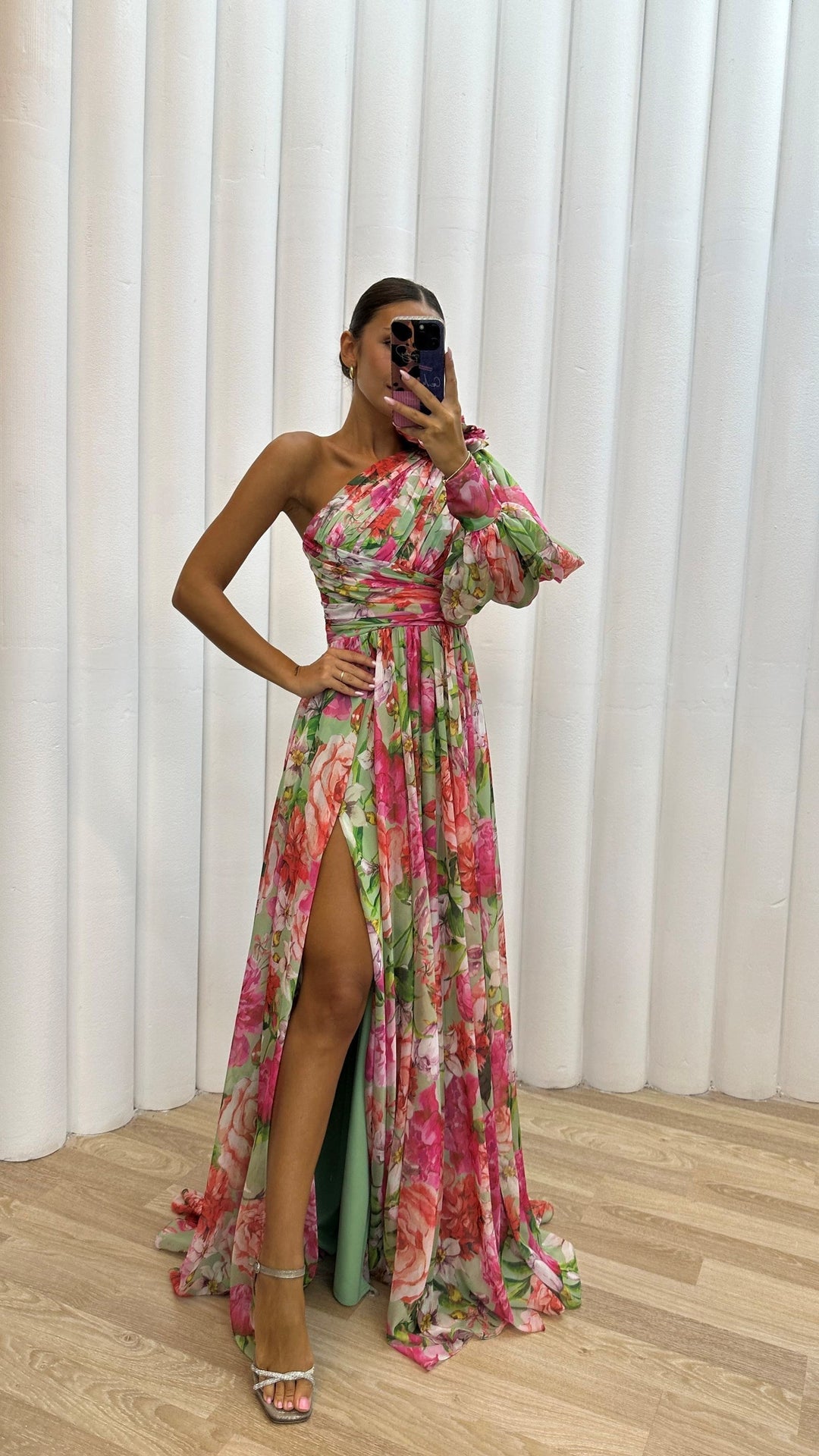 Sophisticated women's one-shoulder floral maxi dress with a flattering A-line cut and elegant split for events.