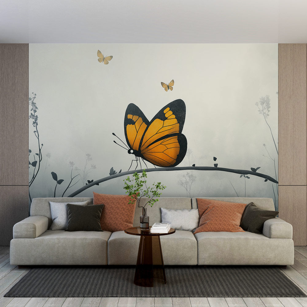 Vibrant orange monarch butterfly wall mural. Elegant, peel and stick nature-inspired decor for a serene home.