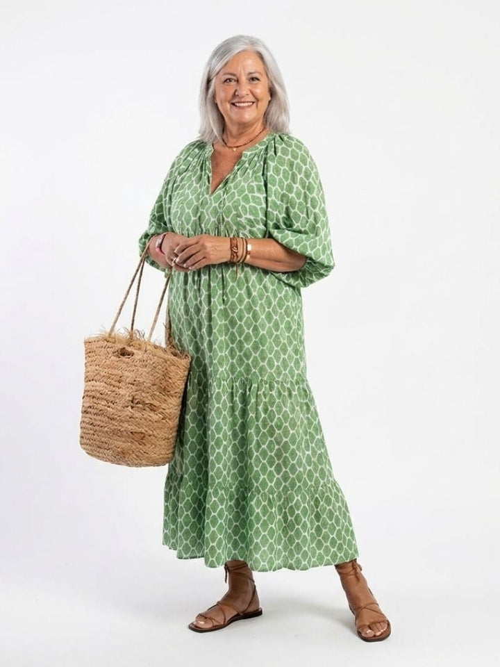 Relaxed fit patterned midi dress with a V-neck and tiered skirt, ideal for summer travel and comfort.