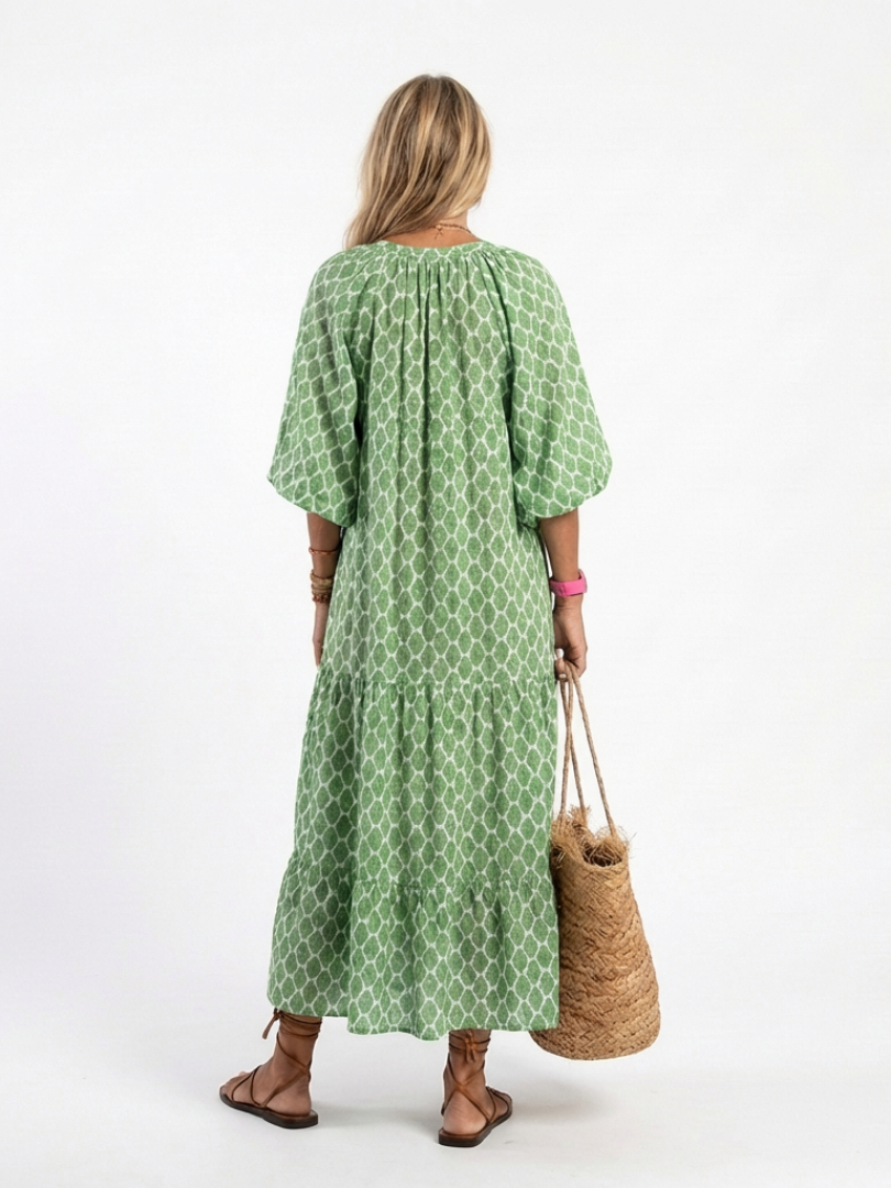 Purple patterned V-neck midi dress with three-quarter sleeves, a versatile choice for casual or travel wear.